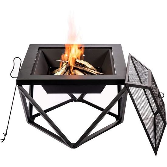 Brasero De Jardin En Métal Noir VOUNOT - 81 Cm Avec Couvercle Pare-étincelles Et Tisonnier - Idéal Pour Terrasses Et Soirées Extérieures - 7