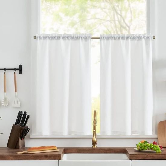 TOPICK Lot De 2 Rideaux Brise-bise à Cordon - Voile Rayé Bleu Sarcelle 90x90 Cm - Pour Cuisine, Salle De Bain, Petite Fenêtre