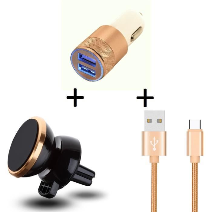 Pack Accessoires Voiture pour NUBIA Z11 mini S (Cable Chargeur Metal Type C + Double Adaptateur Allume Cigare + Support (OR)