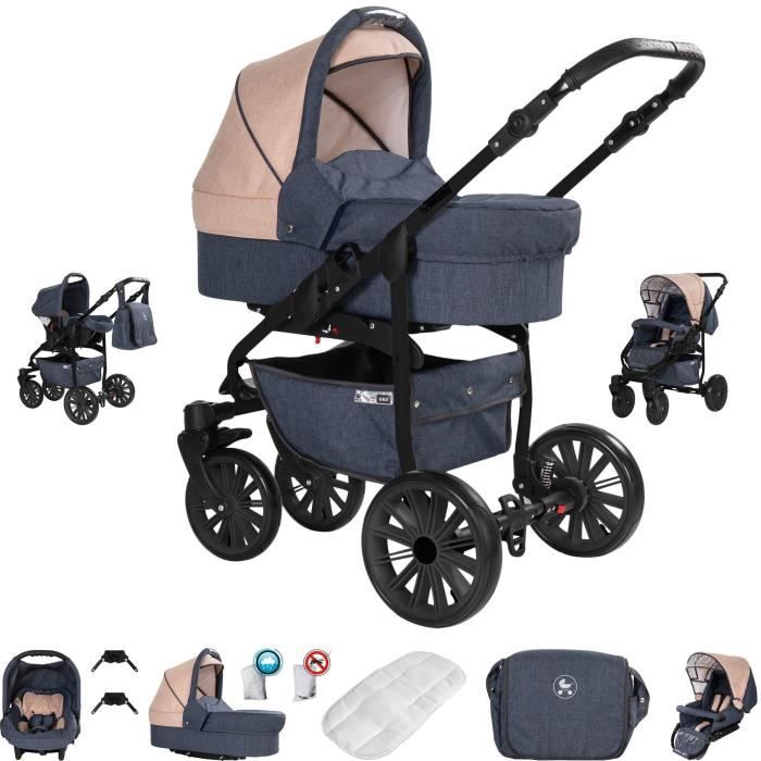 Friedrich Hugo Berlin - 3 en 1 poussette combiné pack de voyage - roue en airr - Couleur: Dark Blue and Beige Night