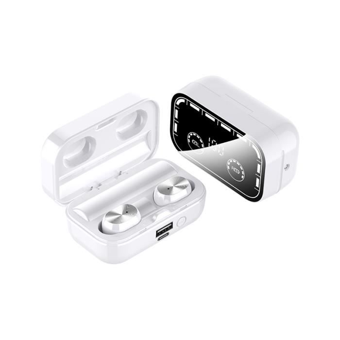 écouteur sans fil Bluetooth V5.0 T16 Ecran LED HIFI Stéréo HD pour casque Bluetooth avec microphone, Powerbank, lampe de poche,Blanc