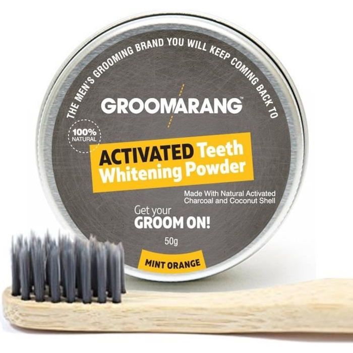 Poudre charbon blanchissante 50g + Brosse à dent bambou GROOMARANG – Solution charbon actif pour blanchissement dentaire