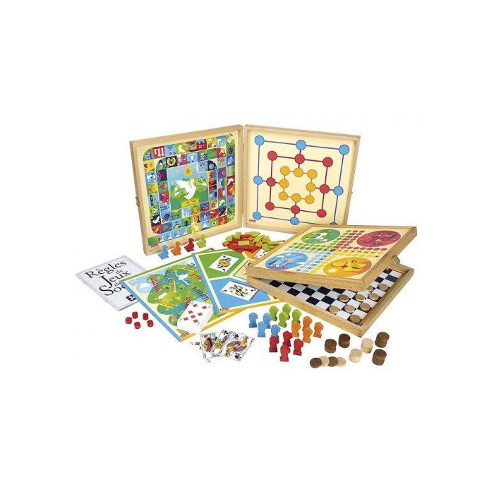 Malette Coffret bois Jeux de societe classiques 80 regles (16 chevaux, 4 oies, 40 dames, jetons, 5 des) - Plateau - Pour Jeujura