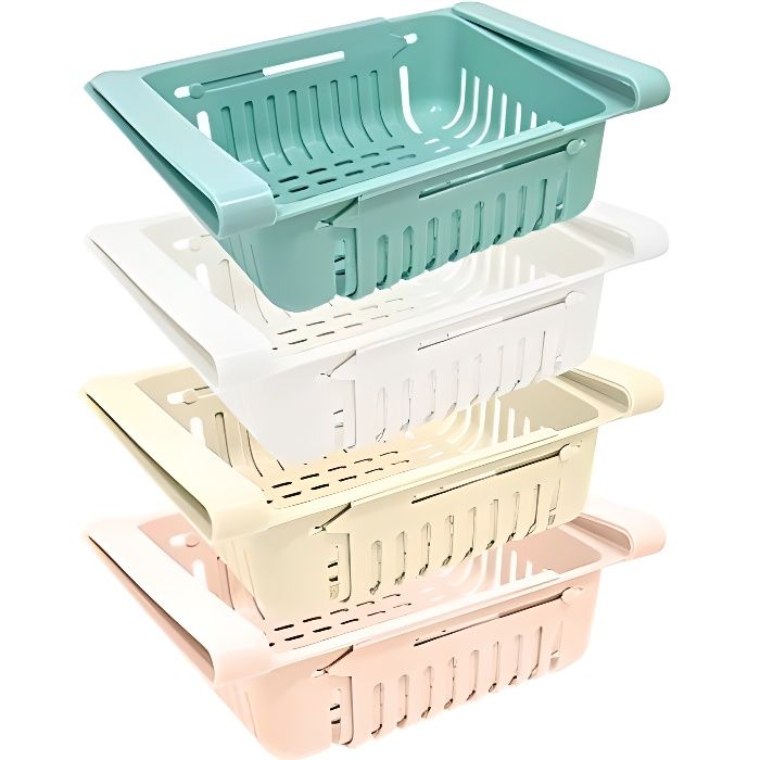 Lot boite de rangement frigo (x 4) | Rangement cuisine & frigo rétractable en 4 couleurs (bleu, blanc, rose et beige)