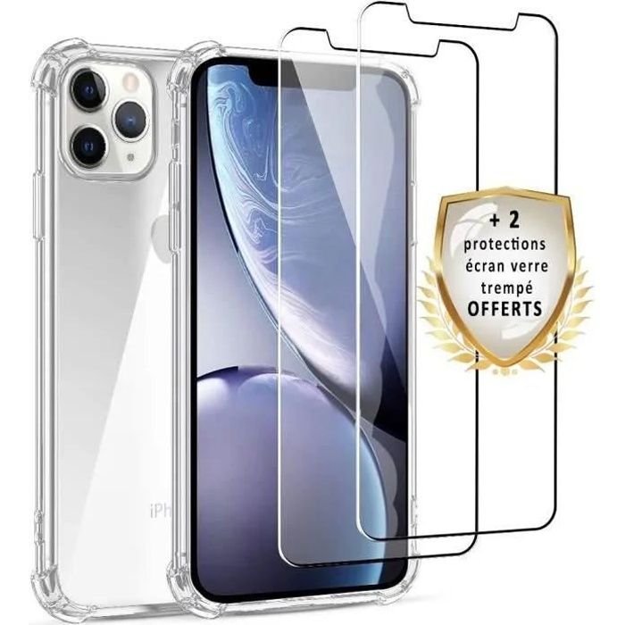 coque iphone 11 pro Coque Silicone Gel Ultraslim / Transparent + 2 Films Verre Trempé