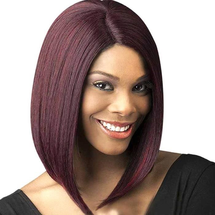 Vin Rouge- Femmes Lisse C&ocirct&eacute Perruque Partielle Synth&eacutetique Carr&eacute Court Cheveux R&eacutesistante