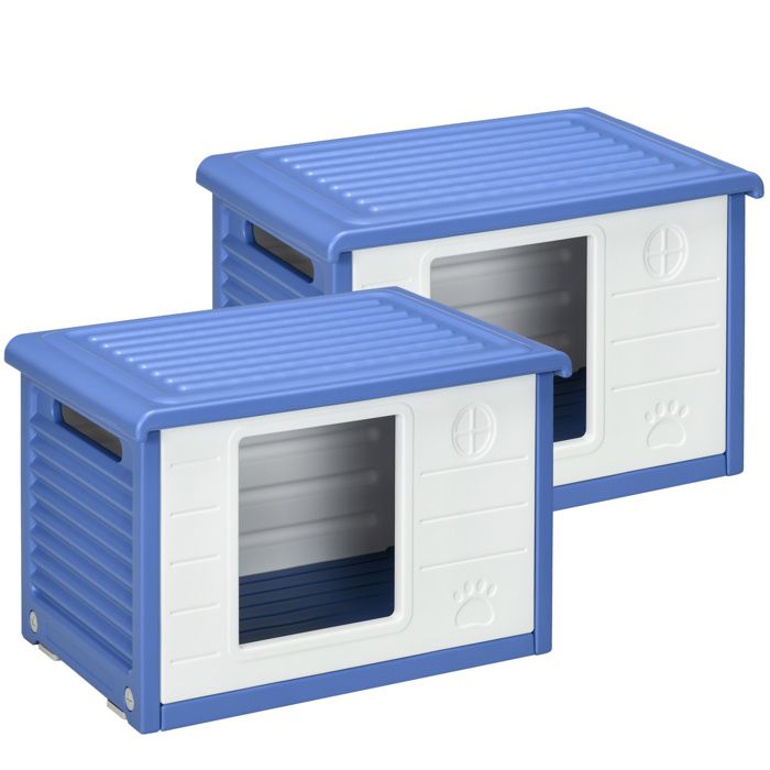 Comparer les prix de Lot de 2 niches pour chien extérieure - PawHut - bouches d'aération - résistante à l'eau -dim. 60L x 42l x 40H cm - bleu et blanc