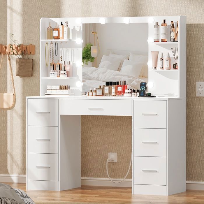 TEENFON Coiffeuse avec miroir et station de charge, 10 ampoules LED, Coiffeuse avec 7 tiroirs, 4 étagères, 107X40X140cm, blanc