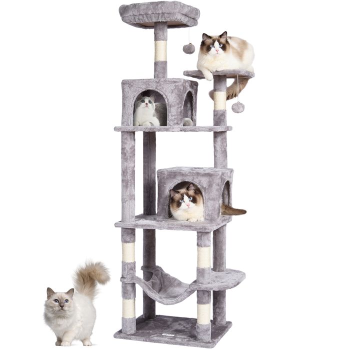 Comparer les prix de Vevor Arbre à chat pour chats d’intérieur, Tour à chat de 63 po avec condos pour 2 chats, griffoir en sisal, hamac, perchoir supérieur, gris clair