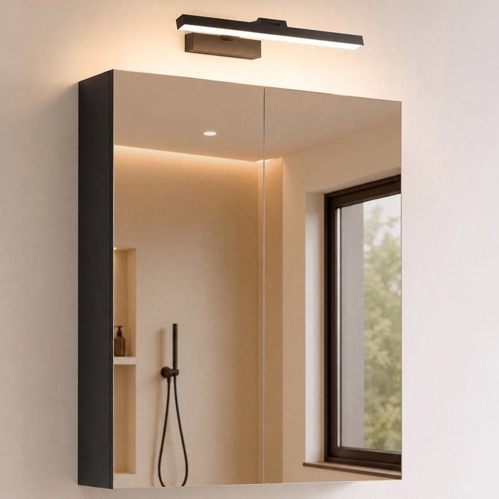 Sogood Armoire Murale Salle de Bains avec Miroir et Lampe Strahlenschön Noir Placard de Rangement Anthracite Mat en Bois 60 cm