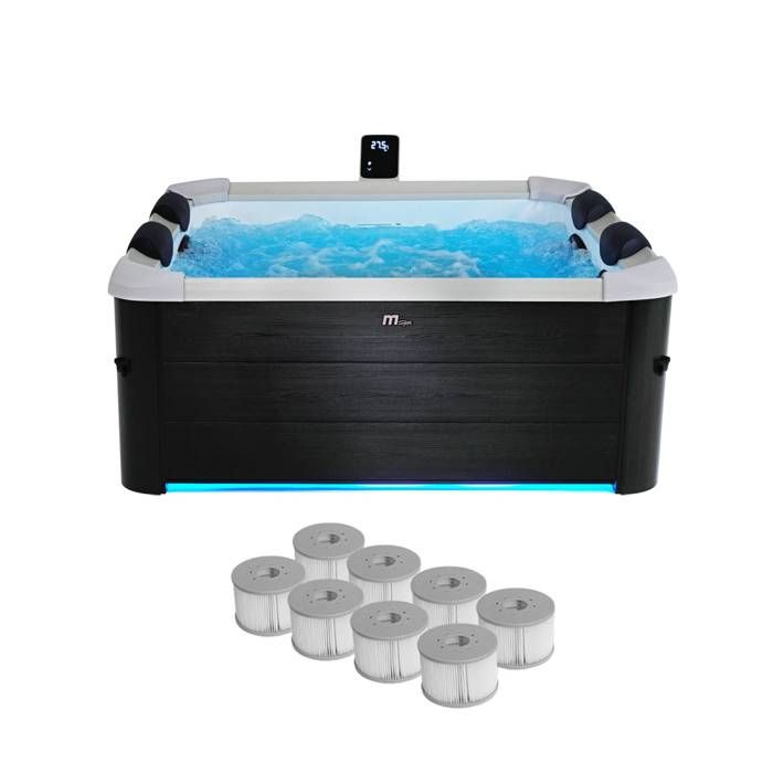Spa rigide 6 places 160cm carré hydromassage 4 coussins bâche