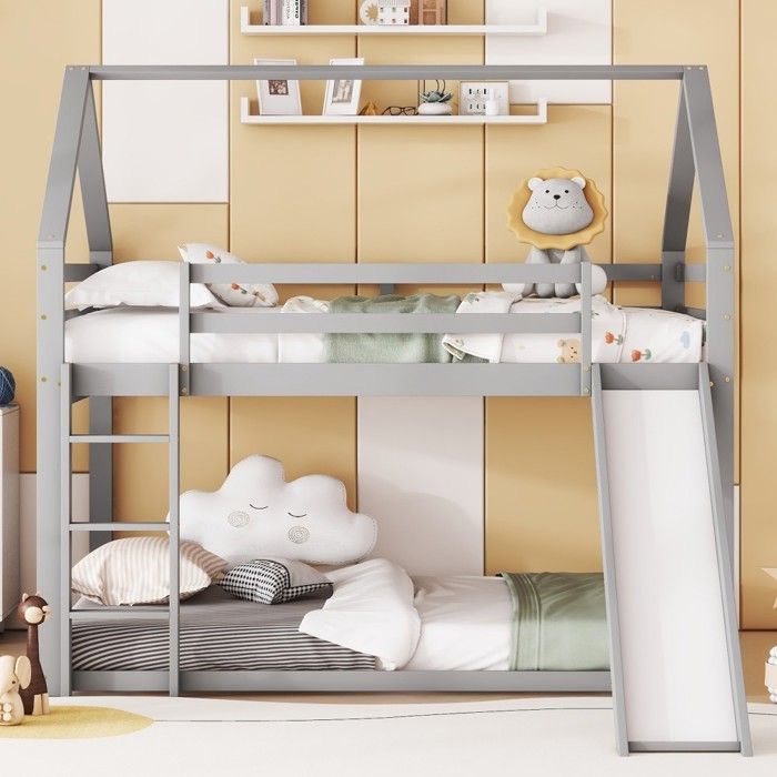 Lit superposé double haut 140x200cm avec toboggan & échelle -Lit cabane enfant gris -Meuble chambre pratique et ludique-sans