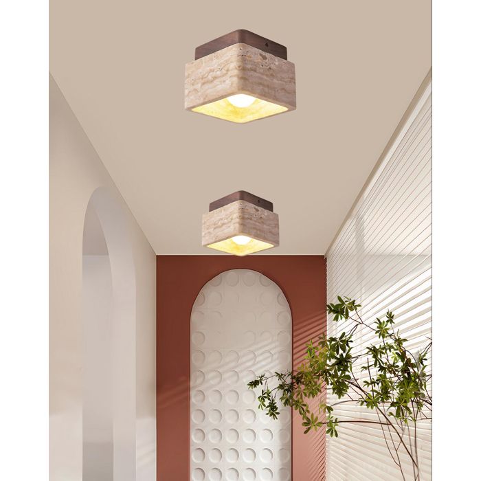 iDEGU 2x Plafonnier Vintage Carré Lustre Abat-jour Travertin Jaune Naturel Lampe de Plafond Noyer Industriel pour Salon Chambre