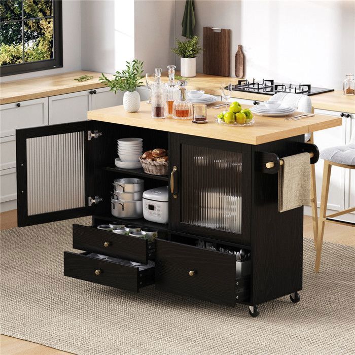 Îlot Cuisine Noir et Bois à Roulettes avec Rangement Plan de Travail Extensible - 100x42 (70) cm Porte-verres Étagères et