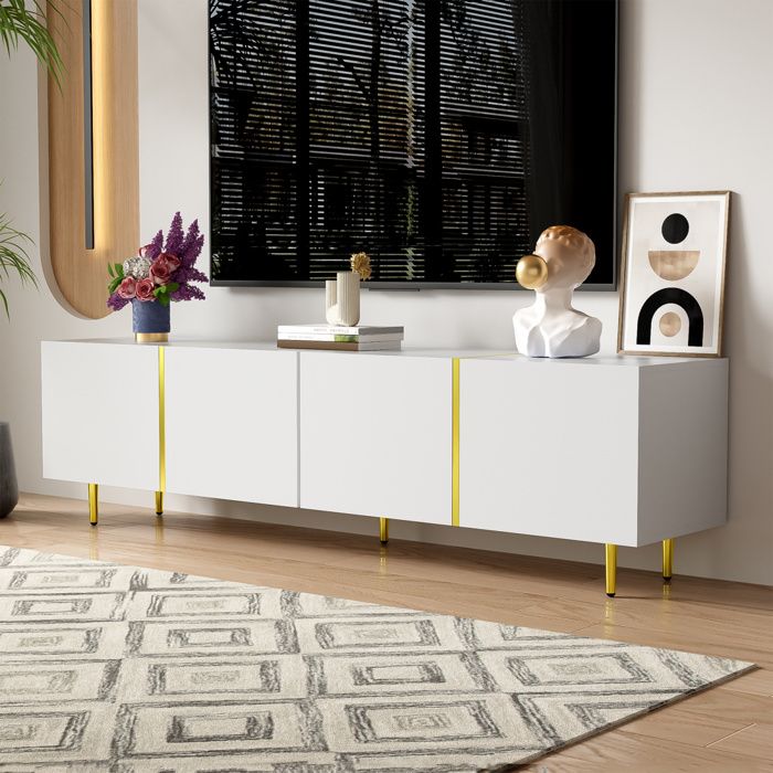 Meuble TV - Laqué blanc 4 portes - 170 x 35 x 46 cm - Finition brillante - Fermeture douce