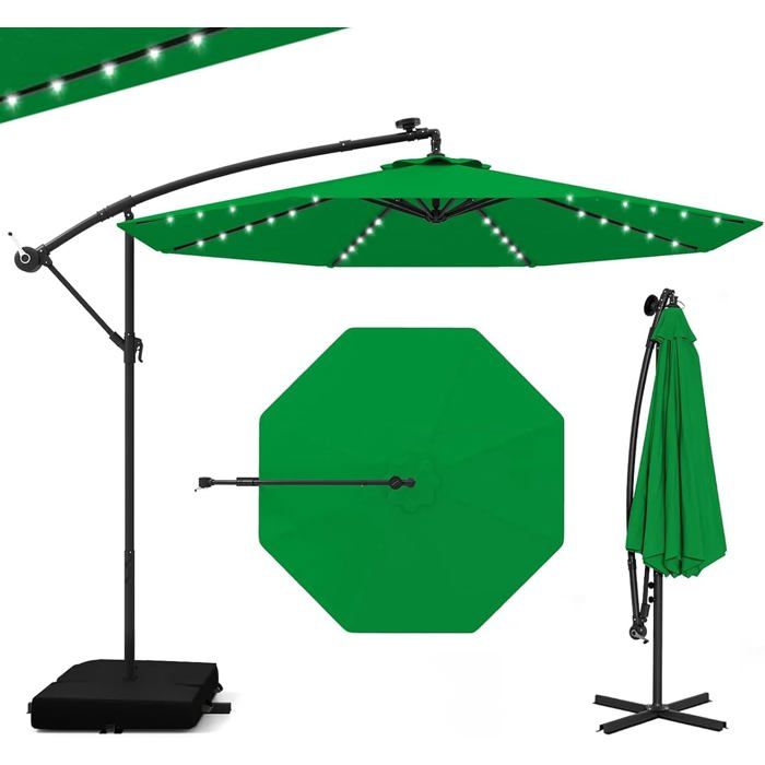 GIANTEX Parasol de Jardin Extérieur avec Pied - 3x3M - 40 Lampes Solaires - Inclinable - Manivelle - 8 Baleines - UPF50+ Vert