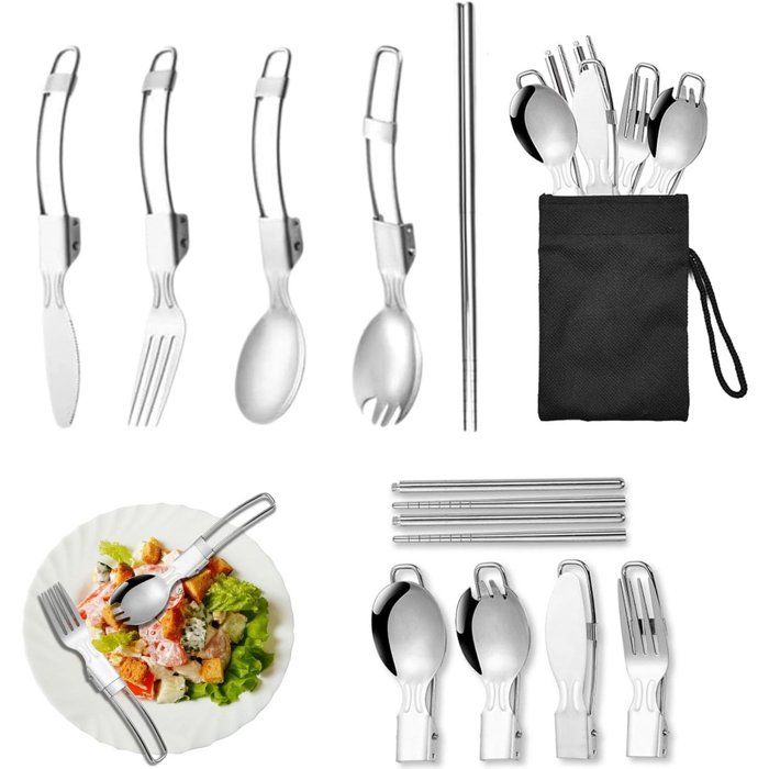 5 couverts camping pliables acier inox pochette nylon voyage pique-nique