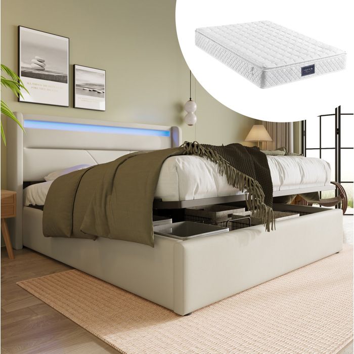 Lit double hydraulique 160 × 200 cm en PU blanc avec LED et rangement