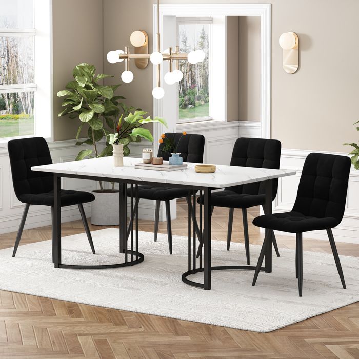 Ensemble salle à manger 5 pièces - Motif marbre moderne - Table 140×80 cm - Plateau MDF blanc - Chaises velours noir