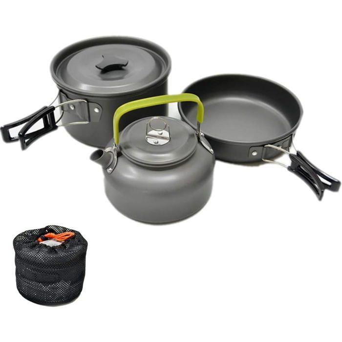 Set de Cuisine Camping 2-3 Personnes Léger Portable Poêle Théière Inclus Pour Randonnée BBQ Pique-nique Feux de Camp
