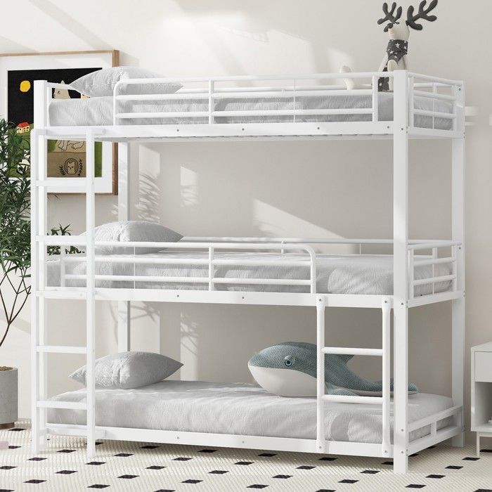 Lit superposé triple - Page Living - 3 x 90x200 cm - Métal blanc - Certifié EN747