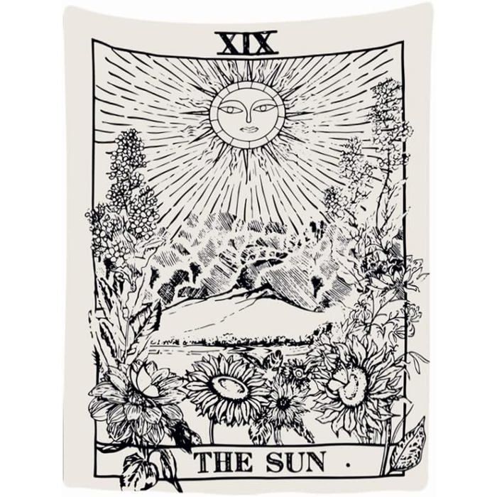 Tapisserie Murale Décorative Chambre - Soleil Nature Floral Vintage Rétro Tarot Horoscope Noir Blanc - 150 x 200 cm Grand