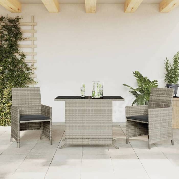 VIDAXL Ensemble Table bar avec chaises (3 pcs) - ANTI-UV - et coussins - gris clair résine tressée 100x59x73 cm M8893 VIDAXL Ensemble Table bar avec chaises (3 pcs) - ANTI-UV - et coussins - gris clair résine tressée 100x59x73 cm M8893