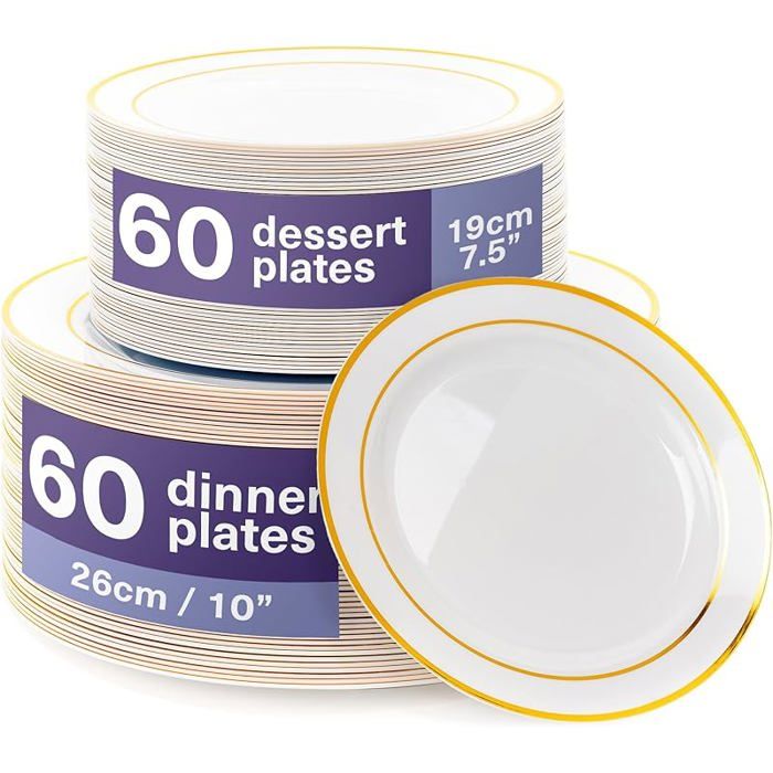 120 Assiettes en Réutilisables Blanches Premium avec Bord Doré (60 Plates 60 Dessert) - Solide 120 Pièces Gold