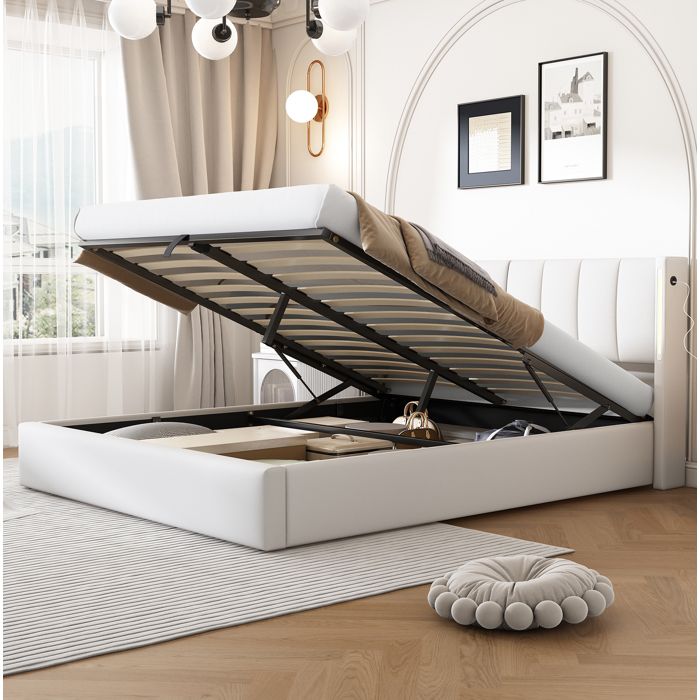 Lit rembourré PU blanc 140x190 cm éclairage LED USB intégré tête ajustable grand espace de rangement