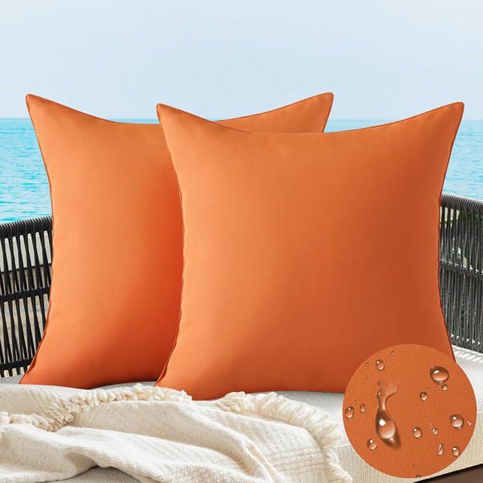 Housse Coussin Exterieur Impermeable Imitation de Lin en Polyester Coussins Canape Decoratif Taie 45 x 45 cm (Lot de 2) Orange