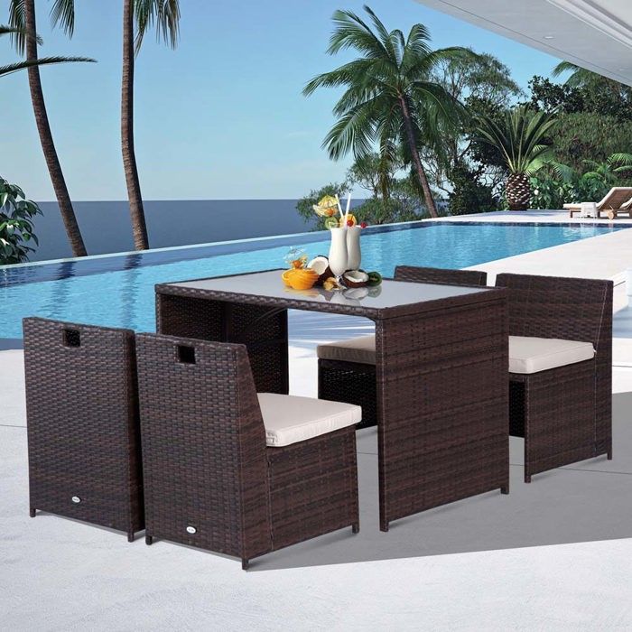 Ensemble table et chaises de jardin 4 places - YEHTOKHOME - Style rétro - Chaises rangables - Rotin PE marron - Plateau verre