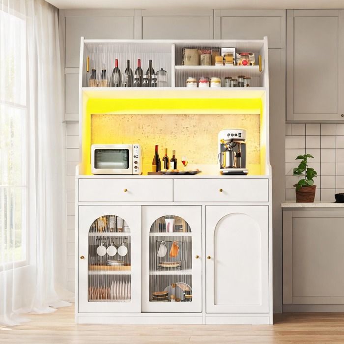 Buffet haut en MDF et panneaux de particules blanc 2 tiroirs portes vitrées coulissantes LED multicolore style contemporain