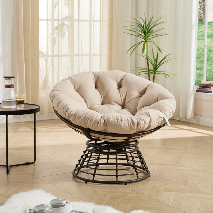 WUVRIE Fauteuil papasan rotatif 360° avec coussin épais acier et rotin PE beige et marron 92 x 67 cm