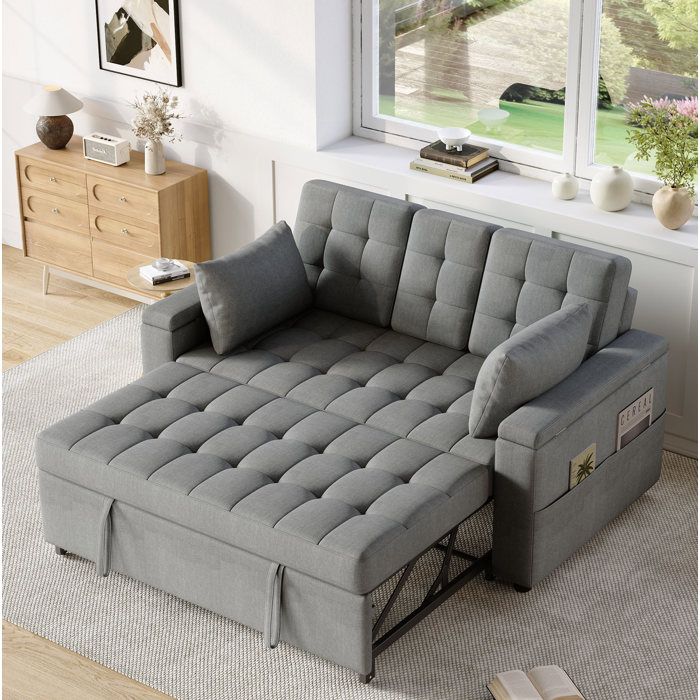 JOINERY canapé convertible 2 places rangement dossier réglable tissu coton lin gris 159 142 5 92 cm avec 2 coussins inclus