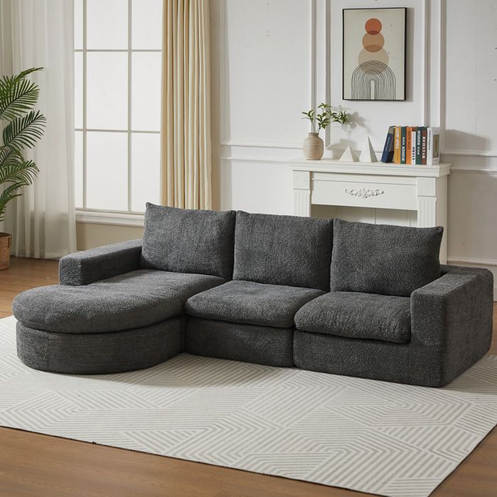Canapé dangle 3 places en chenille grise avec méridienne réversible modulaire 4 éléments sans montage