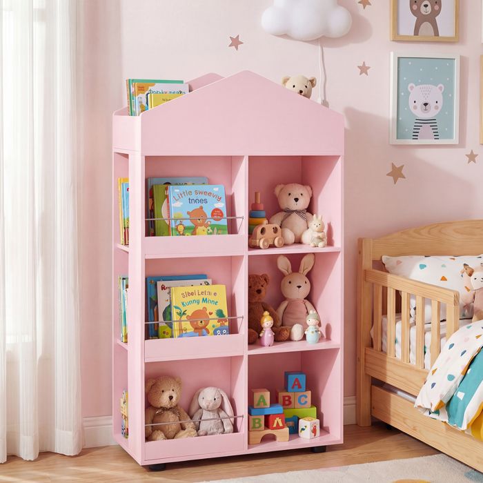 Bibliothèque Enfant Maison-COSTWAY-Rangement 3 Niveaux Étagères à Livres Compartiments & Cubes 117CM Anti-Basculement Rose