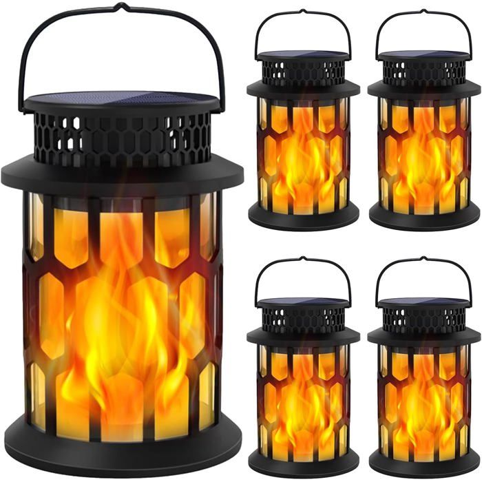 Lampe solaire dextérieur - PZCC - Lot de 4 - Flammes dansantes réalistes - Ambre 30 lm - Étanche suspendue