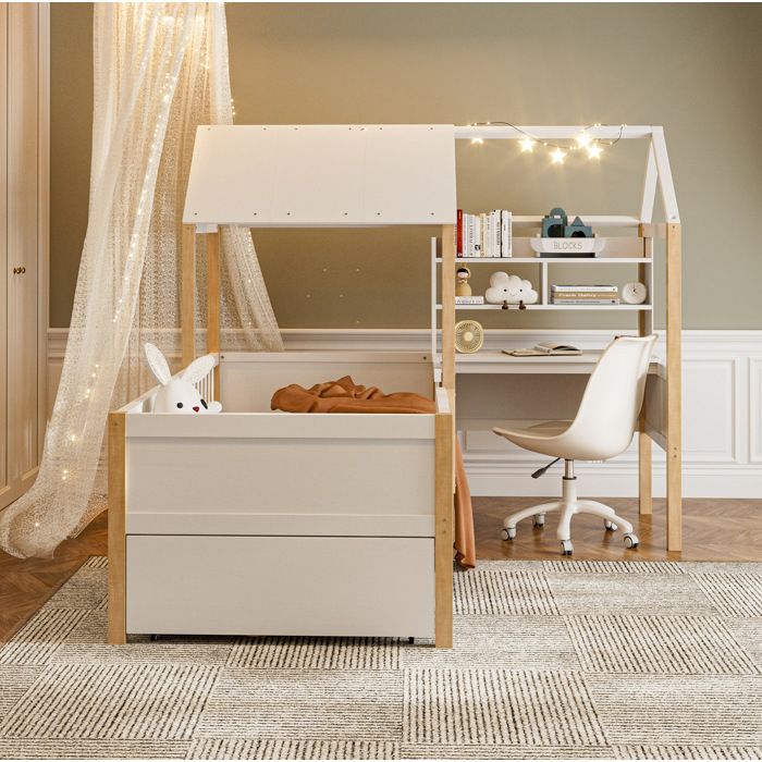 Lit Combiné Enfant 90 × 200 cm Barrière Bureau en L et Bibliothèque - YEAVIO - sans matelas bois - blanc