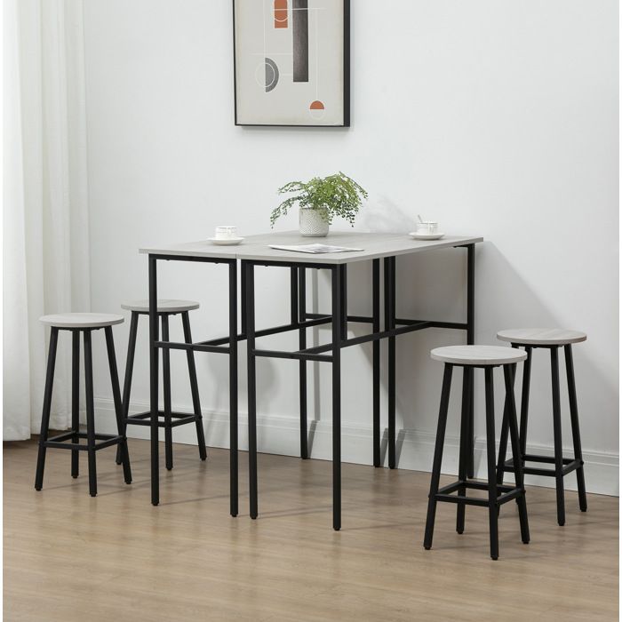 Ensemble table et chaises de bar avec 2 Tables Hautes Rectangulaires et 4 Tabourets de Bar - Bois et Acier - Gris et Noir