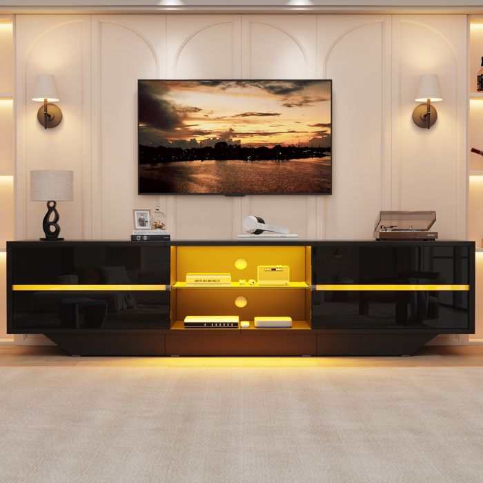 Meuble TV bas 160x35x445 cm avec LED RGB par application 2 portes rabattables étagère en verre noir brillant