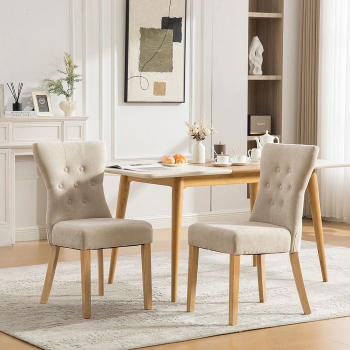 Chaise de salle à manger - WESTYLE - Rembourrée - Bois massif - Tissu chenille beige - Dossier haut