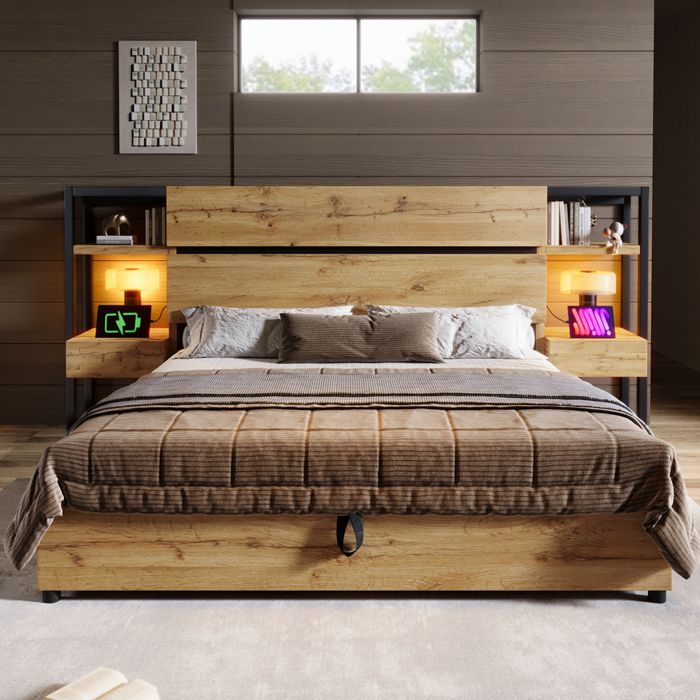 Lit double 160x200 cm AESVAR avec rangement hydraulique tête de lit à niches tiroirs USB et USB-C chêne