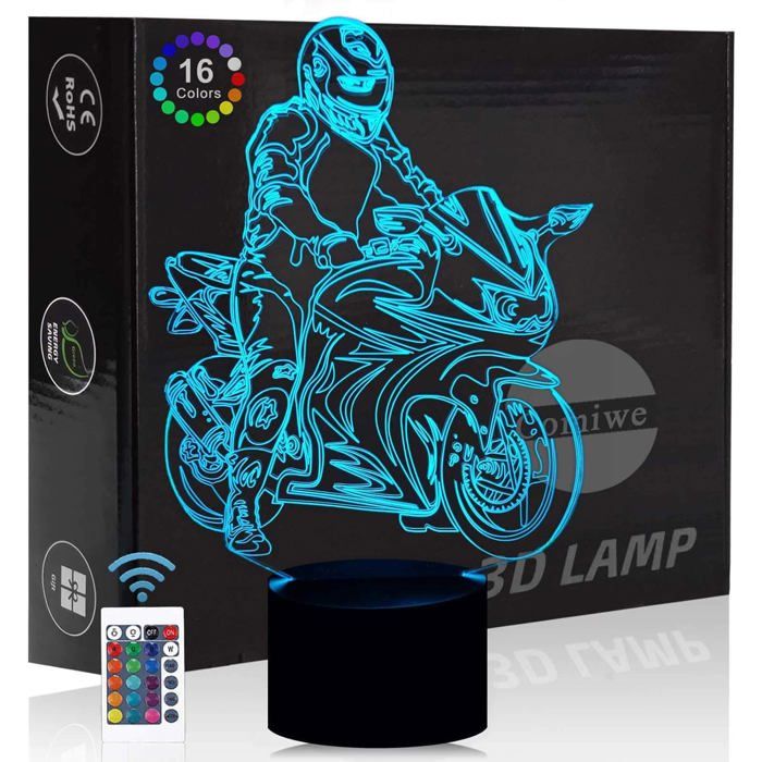Veilleuse lumineuse 3D en forme de moto jouet décoratif lampe de chevet LED tactile et télécommande 16 couleurs Noël