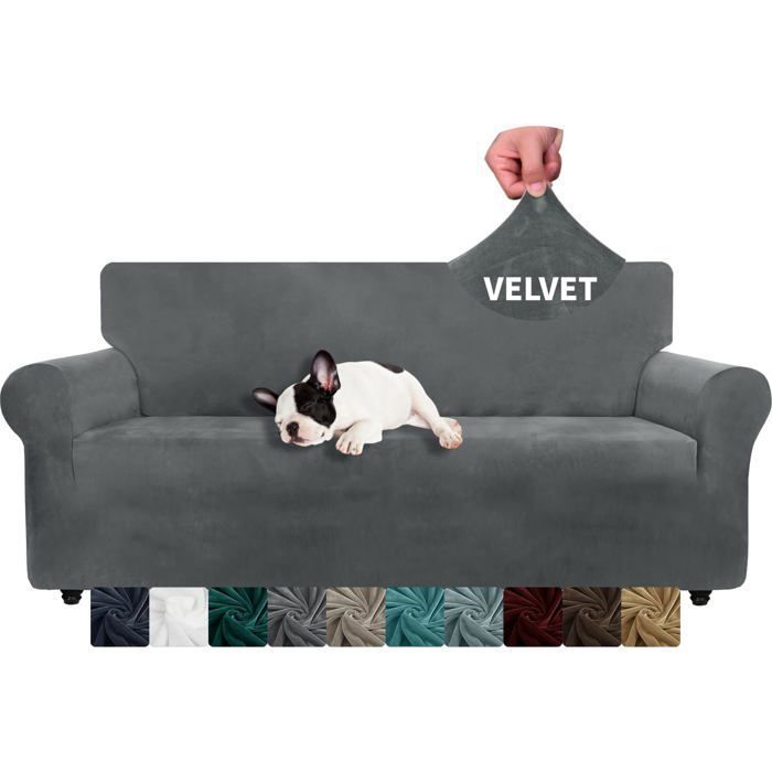 Housse de Canapé en Velours Sofa Cover Extensible pour Canapé avec Accoudoirs Protection Canape Chat Chiens Griffures Gris 3Pcs