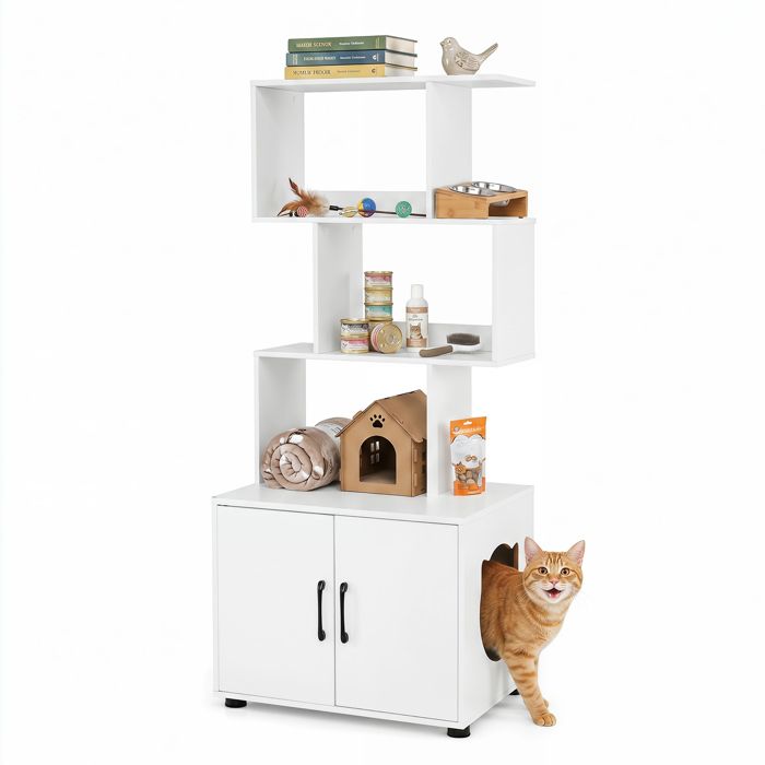 Costway Armoire pour Chat Multifonction 60×45×141cm Vache bac à Litière Étagère verticale en S Kit Anti basculement inclus Blanc Costway Armoire pour Chat Multifonction 60×45×141cm Vache bac à Litière Étagère verticale en S Kit Anti basculement inclus Blanc