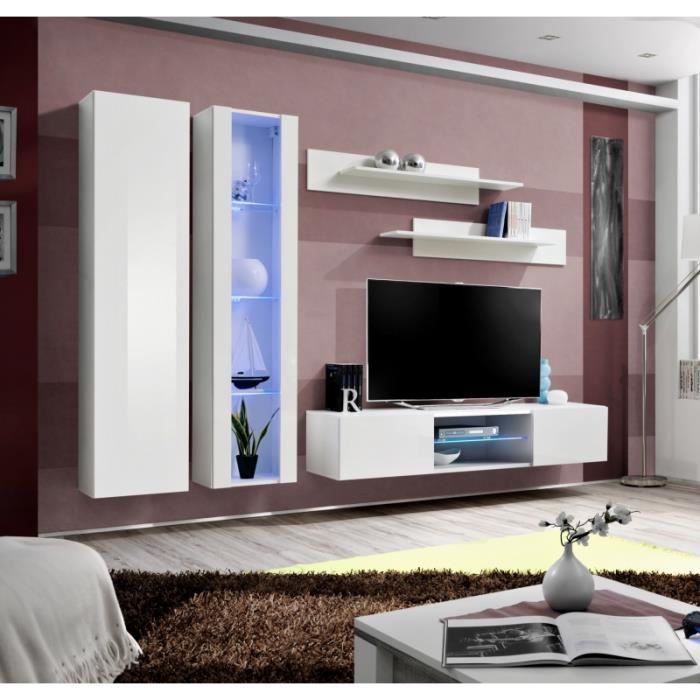 ensemble meuble tv mural - ac-déco - fly o4 - blanc - verre - 2 portes - 260 x 40 x 190 cm