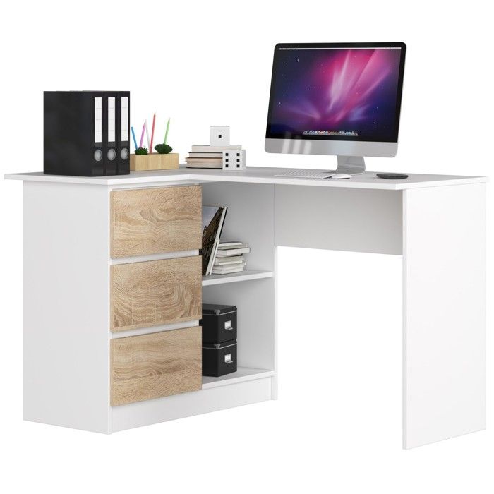Bureau AKORD dangle gauche B16 Blanc 124 cm 3 tiroirs façade Chêne Sonoma 2 étagères 124x85x77 cm Bureau AKORD dangle gauche B16 Blanc 124 cm 3 tiroirs façade Chêne Sonoma 2 étagères 124x85x77 cm