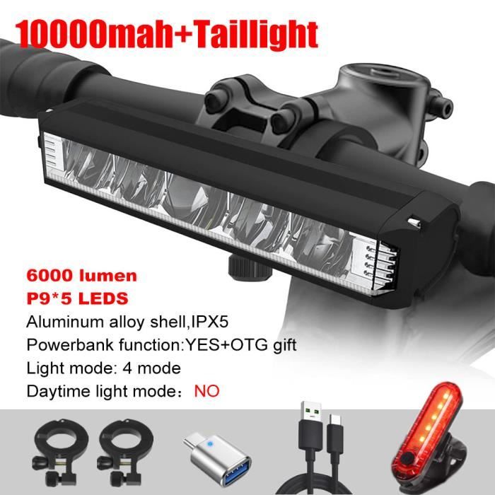 combo 10000 mAh - 6000 lumens vélo phare vélo lumière alliage d'aluminium étanche ipx5 lampe de poche USB rec