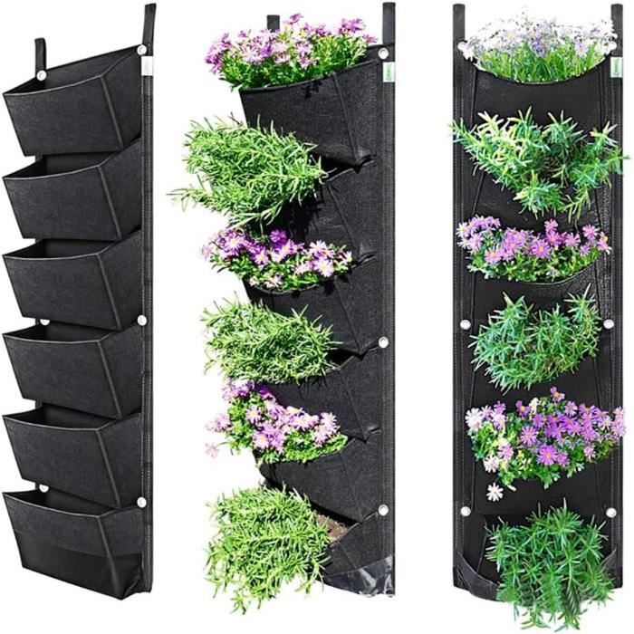 BUYTER Pot De Fleurs Mural Vertical En Feutre 6 Poches - Noir - Jardin Vertical Suspendu