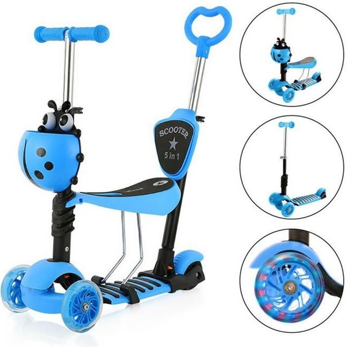 Yoleo Trottinette 5 En 1 Scooter A 3 Roues Bleu Avec Siege Et Roues A Led Scooter Multi Fonctionnel Pour Des Enfants Bebes Achat Vente Trottinette 5 En 1 Scooter Cdiscount